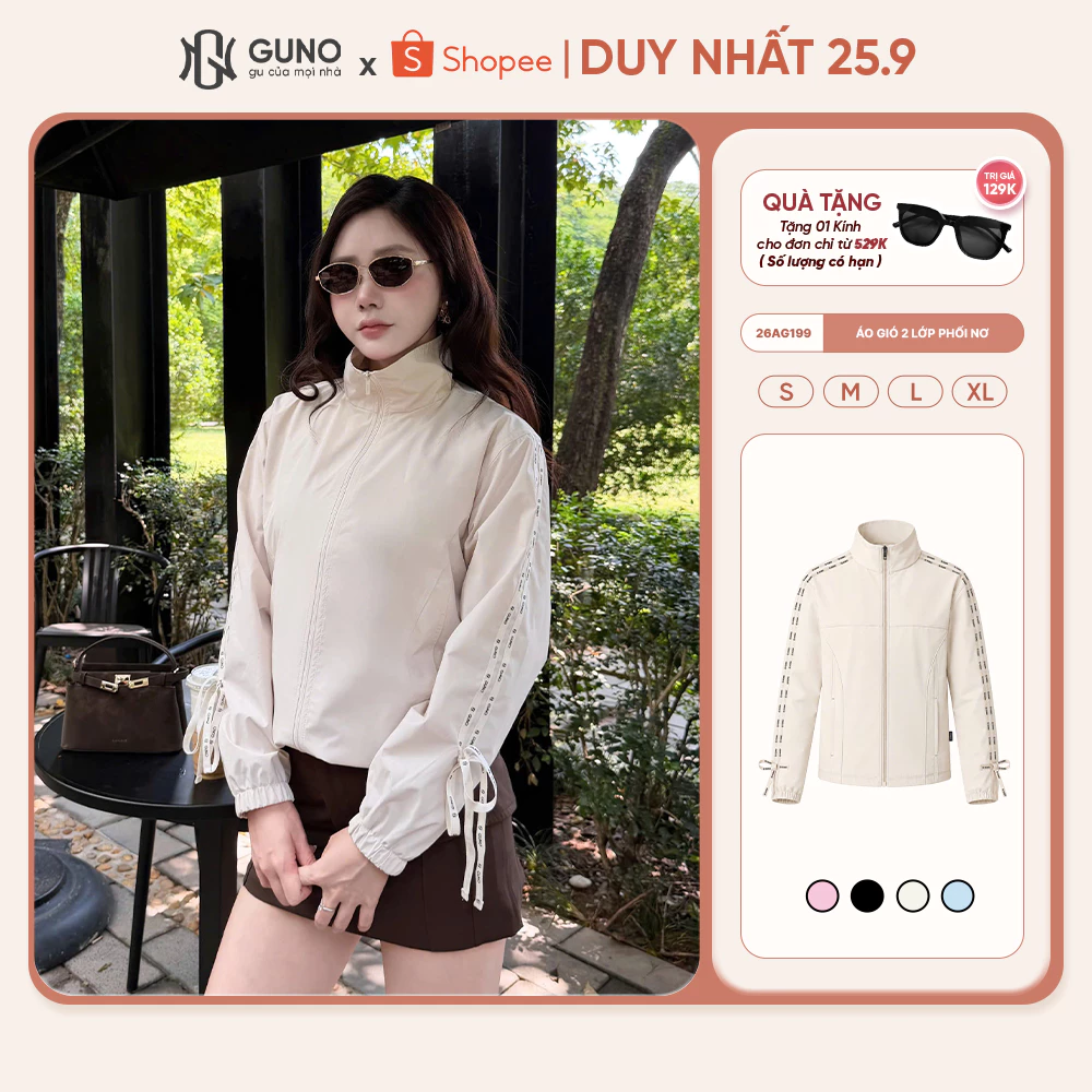 Áo Khoác Gió Nữ GUNO 2 Lớp Lót Habutai Giữ Ấm Buộc Nơ Tay Thời Trang Chống Gió Bụi Cao Cấp 26AG199