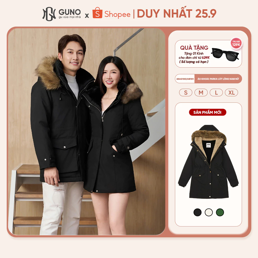 Áo Khoác Parka Nam Nữ GUNO Xịn Lót Lông Cao Cấp Túi Hộp Có Mũ Siêu Ấm Thời Trang 26AG160/AB161
