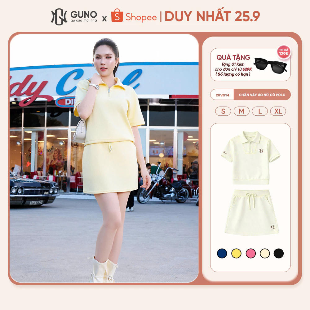 Set Váy Áo Nữ GUNO Vải Modal Cool Mềm Mát Cổ Polo Khóa Kéo Phối Sườn Logo Thêu Thời Trang 26VG14