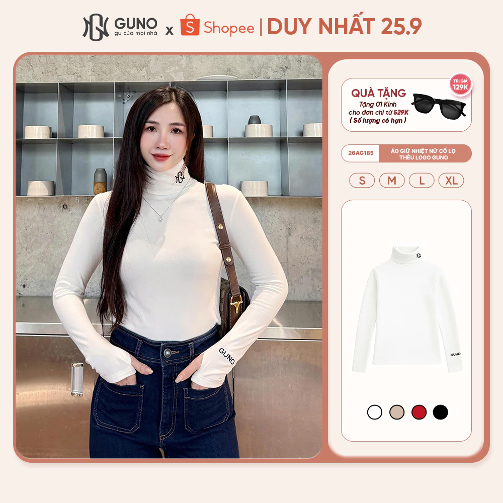 Áo Giữ Nhiệt Nữ GUNO Cổ Lọ Lót Lông Thỏ Mỏng Ôm Body Dài Tay Phối Logo Thêu Giữ Ấm Cực Tốt 26AG185