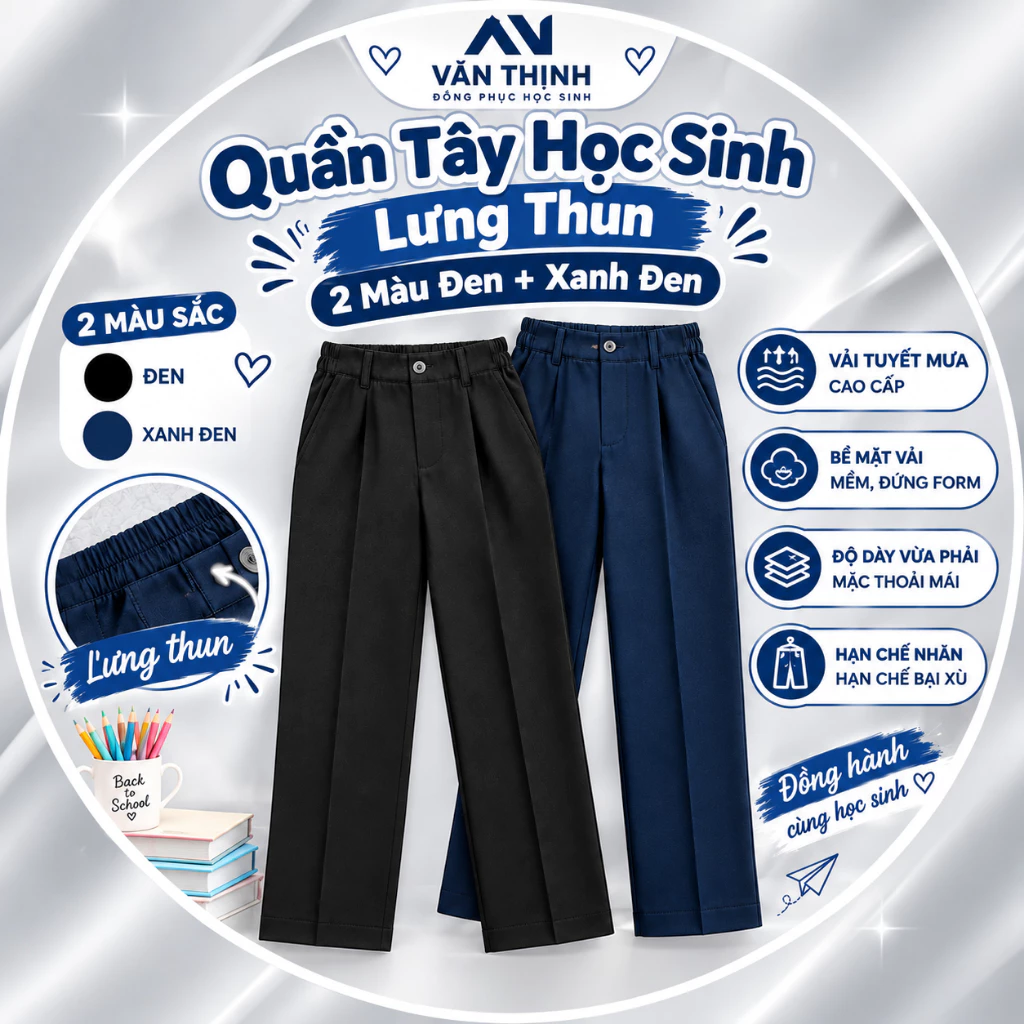 Quần Tây Đồng Phục Học Sinh Nam Nữ Màu Đen Xanh Đen – Quần Âu Đi Học Chuẩn Form, Lịch Sự, Thoải Mái