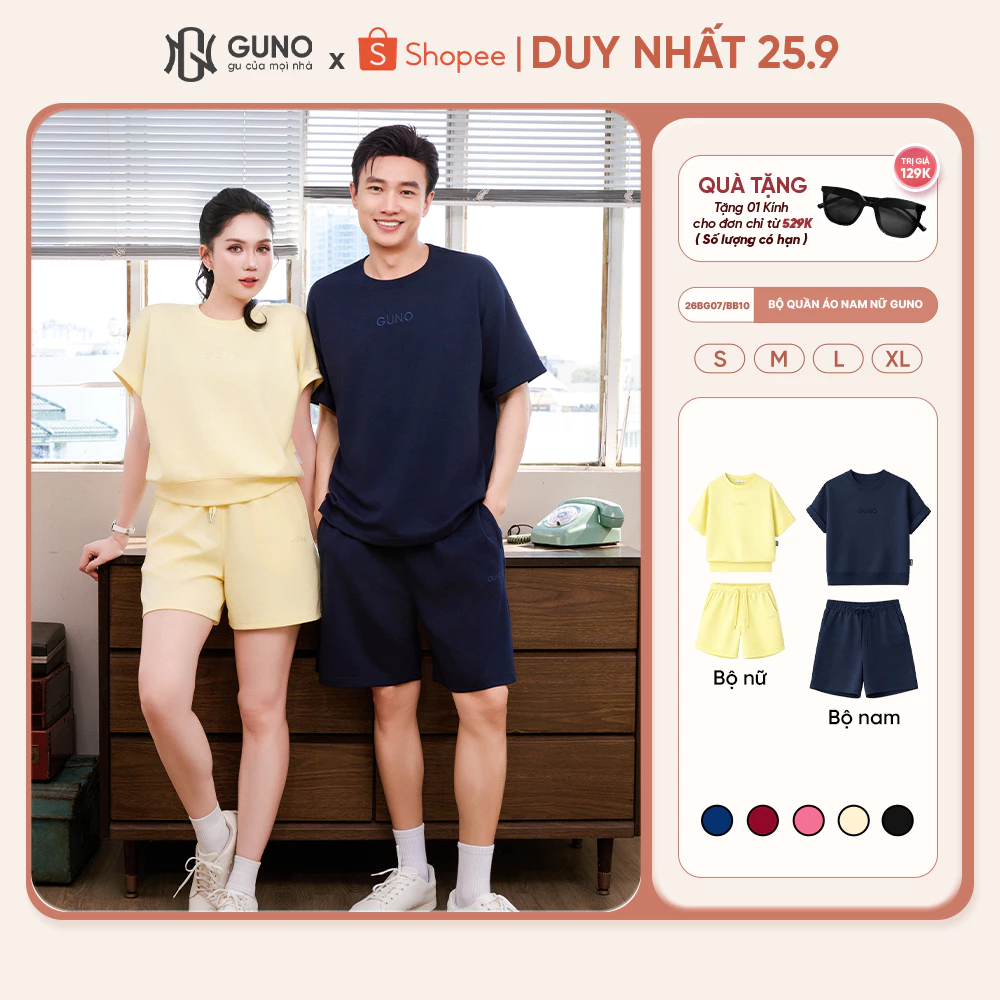 [BST MODAL COOL] Set Bộ Đồ Nam Nữ Cộc Tay GUNO Vải Modal Cool Mềm Mát Cổ Tròn Logo Thêu 26BG07/BB10