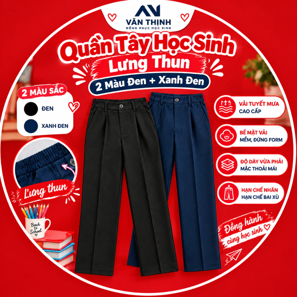 [Quần Khóa] Quần Tây Học Sinh Tiểu Học 2 màu Đen+Xanh Đen, Trung Học, Quần Âu Có Khóa Kéo Đi Học Dành Cho Học Sinh Lưng