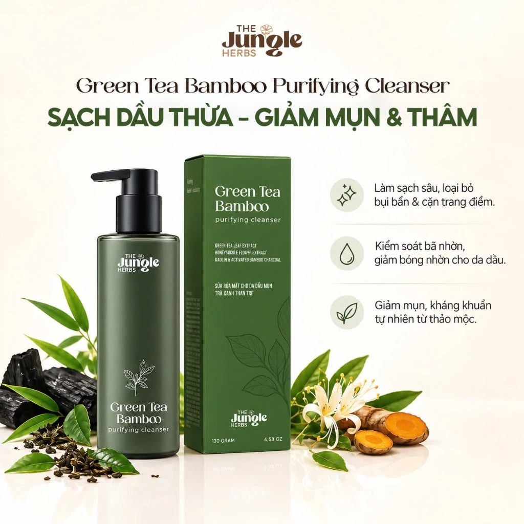 Sữa rửa mặt giảm dầu mụn trà xanh than tre Green Tea Bamboo - The Jungle Herbs - 130G [Bản mới]