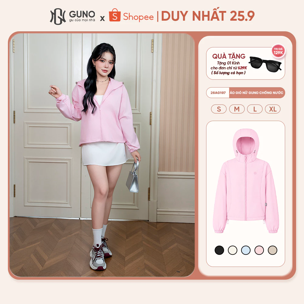 Áo Khoác Gió Nữ GUNO Siêu Nhẹ 1 Lớp Chống Nước Chống Bụi Có Mũ Trùm Đầu Áo Khoác Nữ Form Đẹp 26AG197