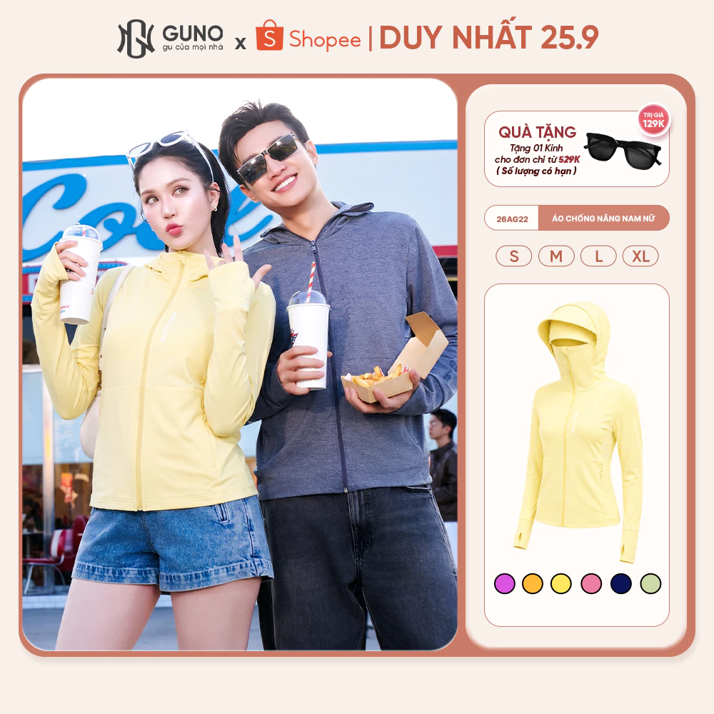 Áo Chống Nắng Nam Nữ Tre Thơm 2 Lớp GUNO Chống Tia UV Thoáng Khí Mũ Rộng Vành Che Trán 26AG22/AB23