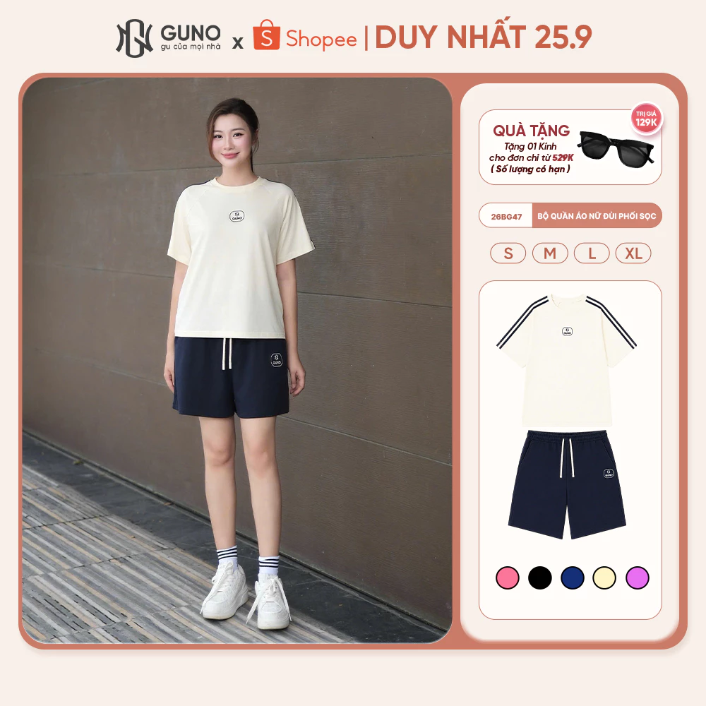 [COTTON MÁT] Set Bộ Đùi Nữ GUNO Chất Liệu Cotton Cao Cấp Thoáng Mát Tay Phối Sọc Năng Động 26BG47