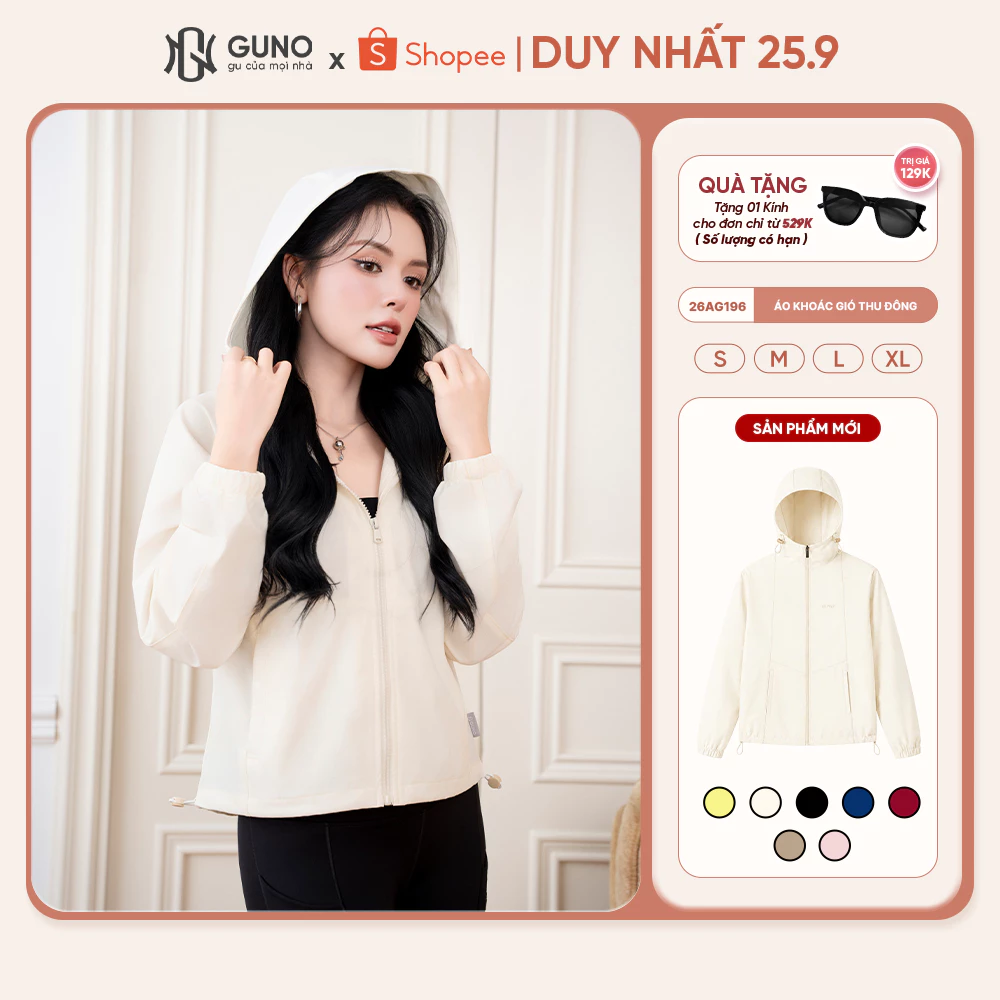 Áo Khoác Gió Thu Đông Nữ GUNO 1 Lớp Dày Dặn Có Mũ Trùm Đầu Chống Gió Chống Bụi Cao Cấp 26AG196