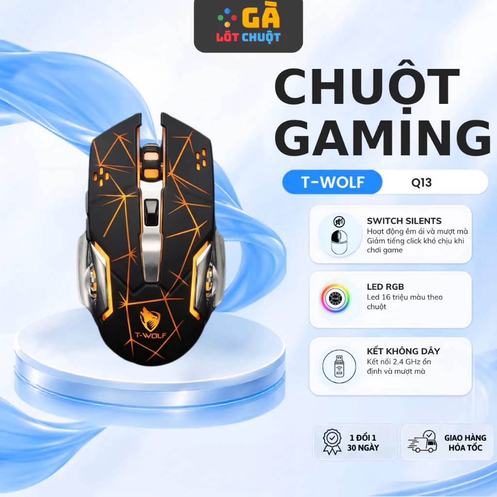 Chuột không dây gaming T-WOLF Q13 Wireless có Pin sạc, Led RBG chuyển màu - GÀ LÓT CHUỘT