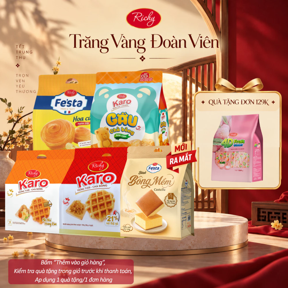 [HỎA TỐC HN] [Quà Tặng Đơn 129k] Combo 5 Bịch Bánh Tươi Richy Karo:Chà Bông Sợi Gà,Phô mai Hoàng Kim,Gấu & Fe'sta