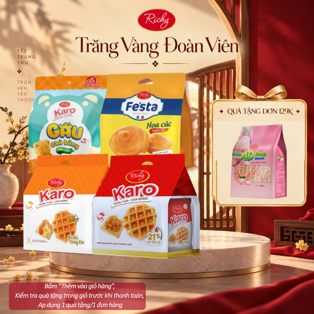[HỎA TỐC HN] [Quà Tặng Đơn 129k] Combo 4 Bịch Bánh Tươi Richy: Karo Sợi Gà,Phô mai,Gấu Chà Bông & Bánh Mì Hoa Cúc