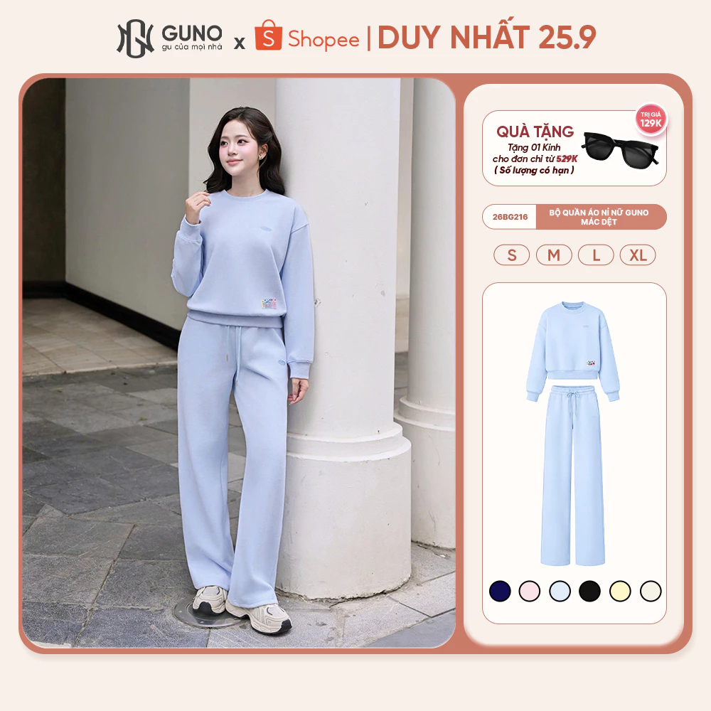 Bộ Quần Áo Nỉ Nữ GUNO Cổ Tròn Mác Dệt Kèm Quần Suông Hack Dáng Set Bộ Thu Đông Cao Cấp 26BG216