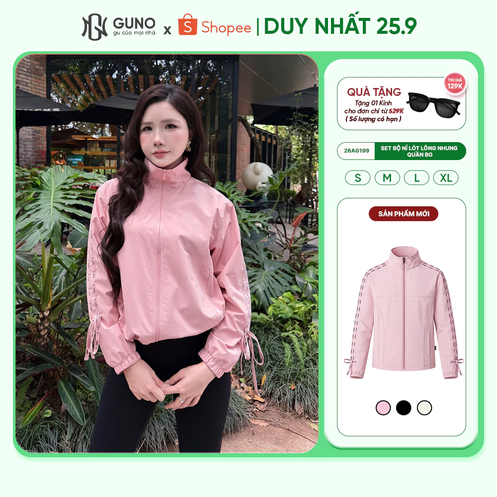 Áo khoác gió Nữ GUNO có mũ phối sọc tay dây buộc nơ 2 lớp lót habutai nữ tính thời trang 26AG199