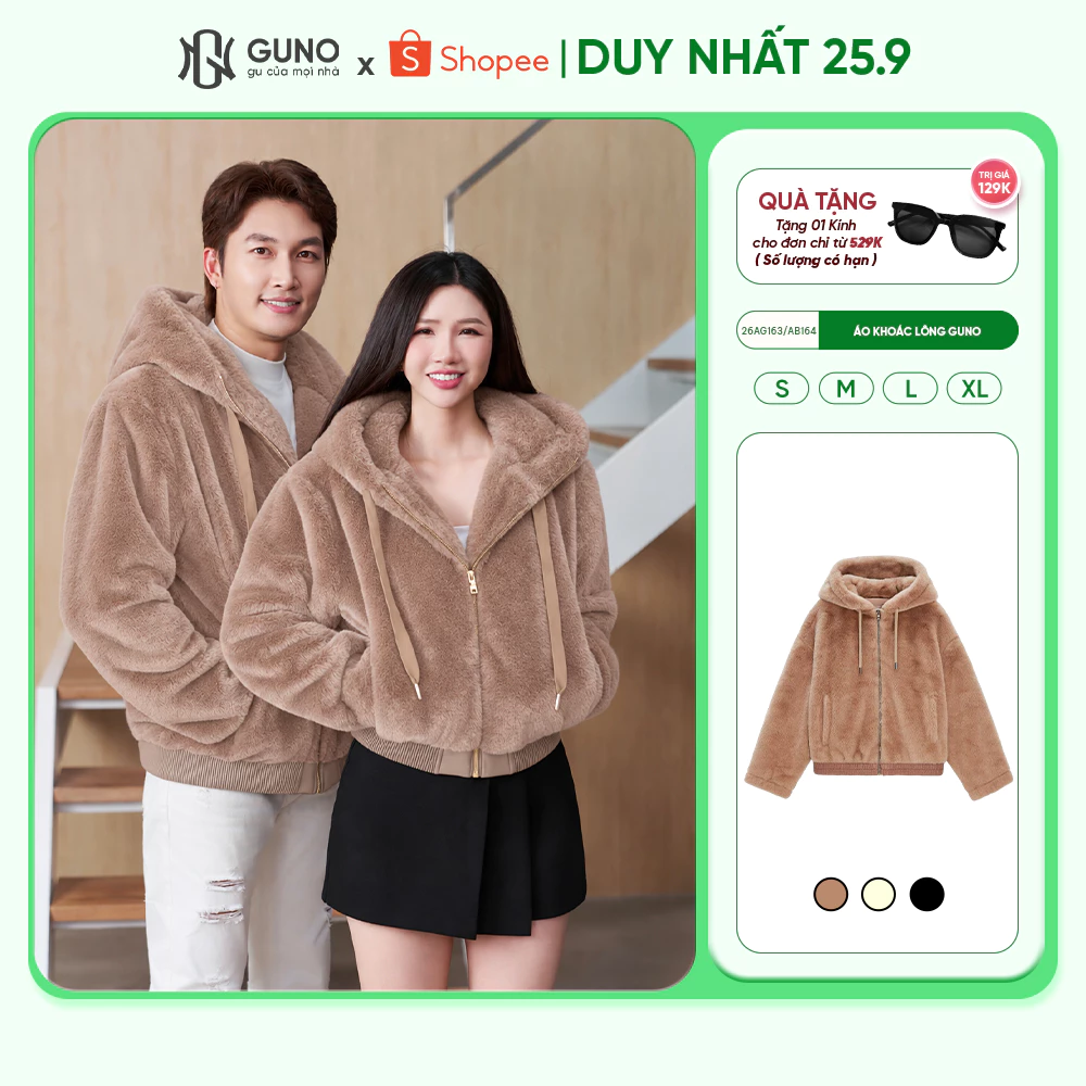 Áo Khoác Lông Nam Nữ GUNO Chính Hãng Mềm Mịn Ấm Áp Gấu Áo Da Cao Cấp Không Bong 26AG163/AB164