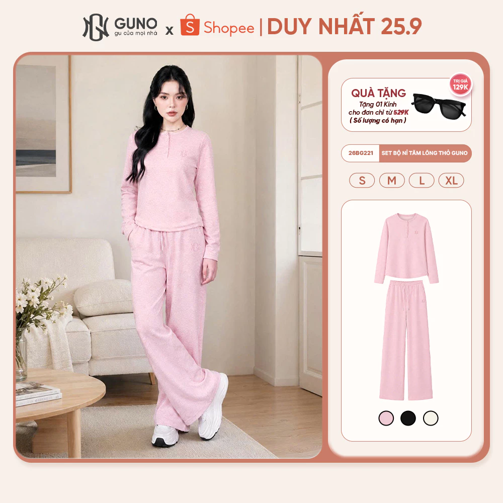 Bộ Quần Áo Thu Đông Nữ GUNO Nỉ Tăm Lông Thỏ Mềm Mịn Cổ Tròn Phối Cúc Kèm Quần Suông Basic 26BG221