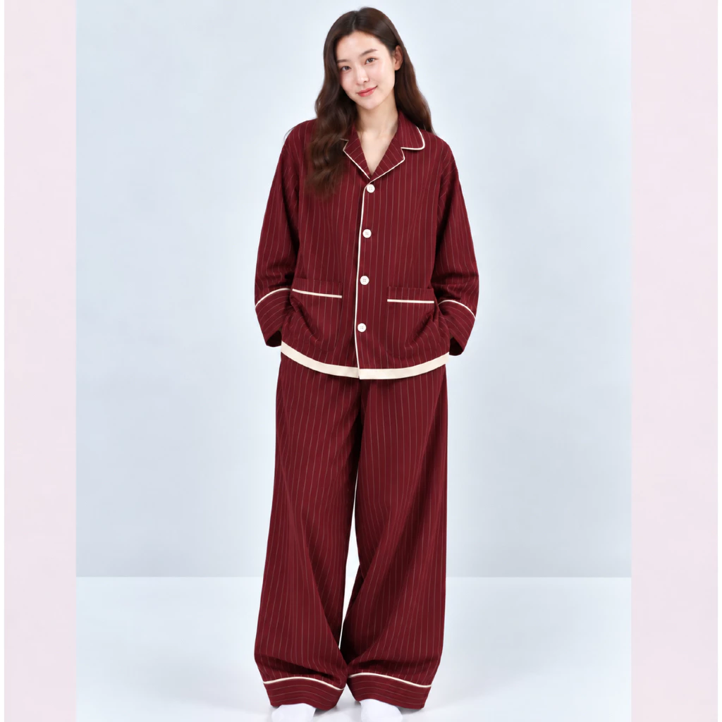[ Fit to sleep ] Bộ Pijama Dài Tay Nữ Merlot – Sọc Dọc Burgundy, Form Oversize Phong Cách Hàn Quốc.