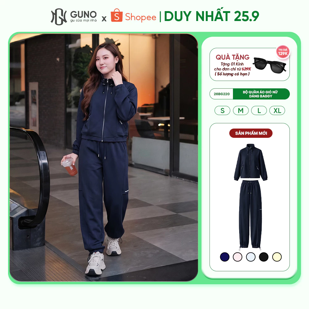Bộ Quần Áo Gió Nữ GUNO 2 Lớp Dáng Baggy Năng Động Áo Khóa Kéo Kèm Quần Bo Gấu Có Dây Rút 26BG220