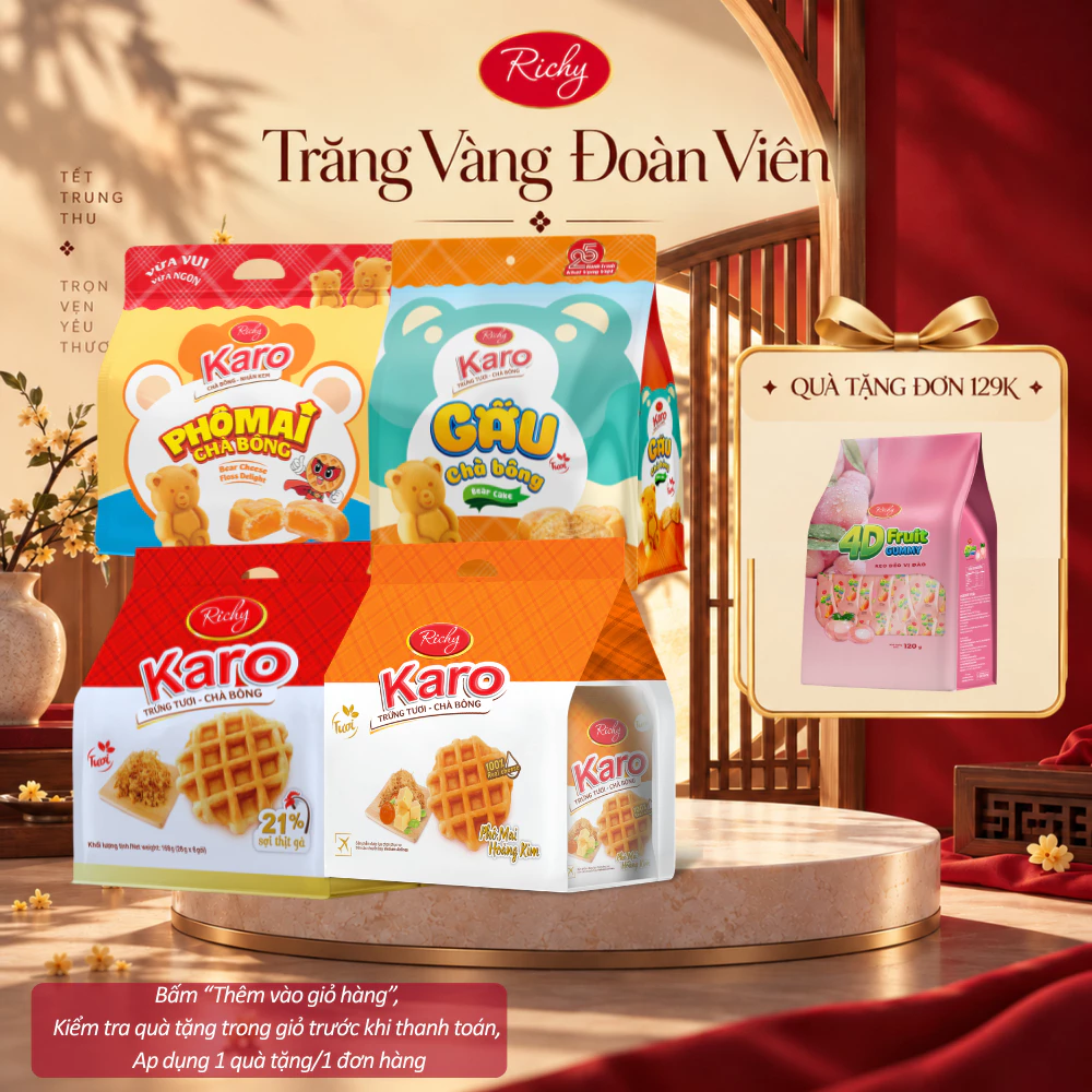 [HỎA TỐC HN] [Tặng Kẹo 4D] Combo 4 Bịch Bánh Tươi Richy Karo Mix Vị:Sợi Gà,Phô Mai & 2 Karo Gấu
