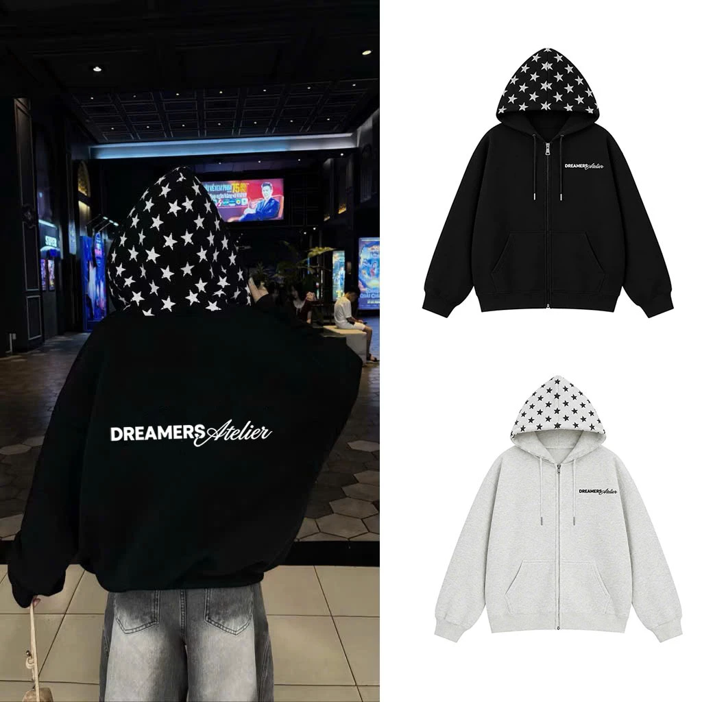 Áo Khoác Nỉ Hoodie Zip Khóa Kéo DREAMERS Atelier Có Túi Trong Mũ Áo Phối Họa Tiết Ngôi Sao Form Rộng