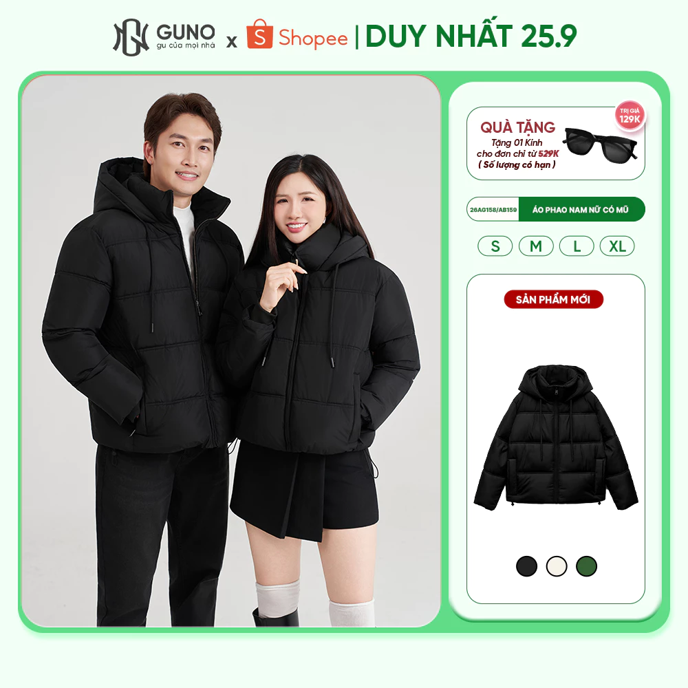 Áo khoác phao béo siêu nhẹ mùa đông nam nữ GUNO chần bông cao cấp có mũ trùm đầu 26AG158/AB159