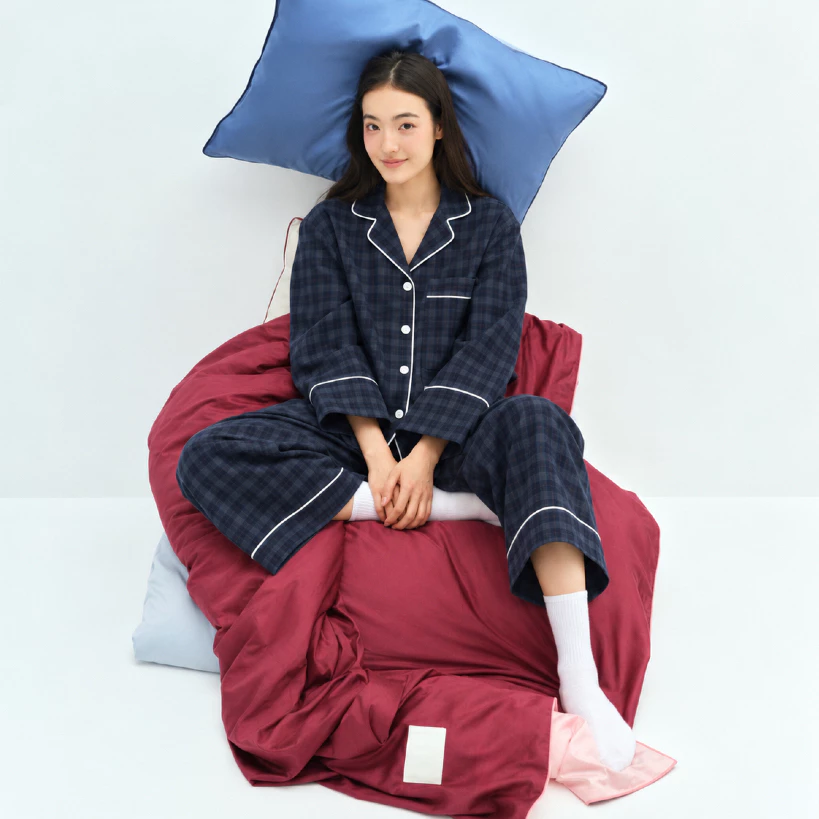 [ Fit to sleep ] Bộ Pijama Nữ Oxford – Caro Navy, Dài Tay Quần Dài Form Oversize Phong Cách Hàn Quốc.