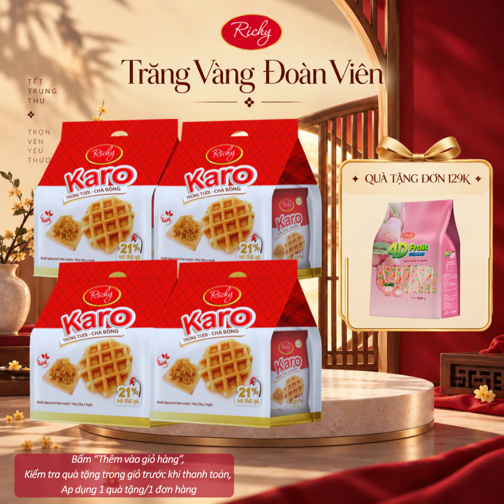 [HỎA TỐC HN] [Tặng Kẹo 4D] Combo 4 Túi Bánh Tươi Karo Trứng Chà Bông- Phô Mai Hoàng Kim Richy - HSD 45 Ngày