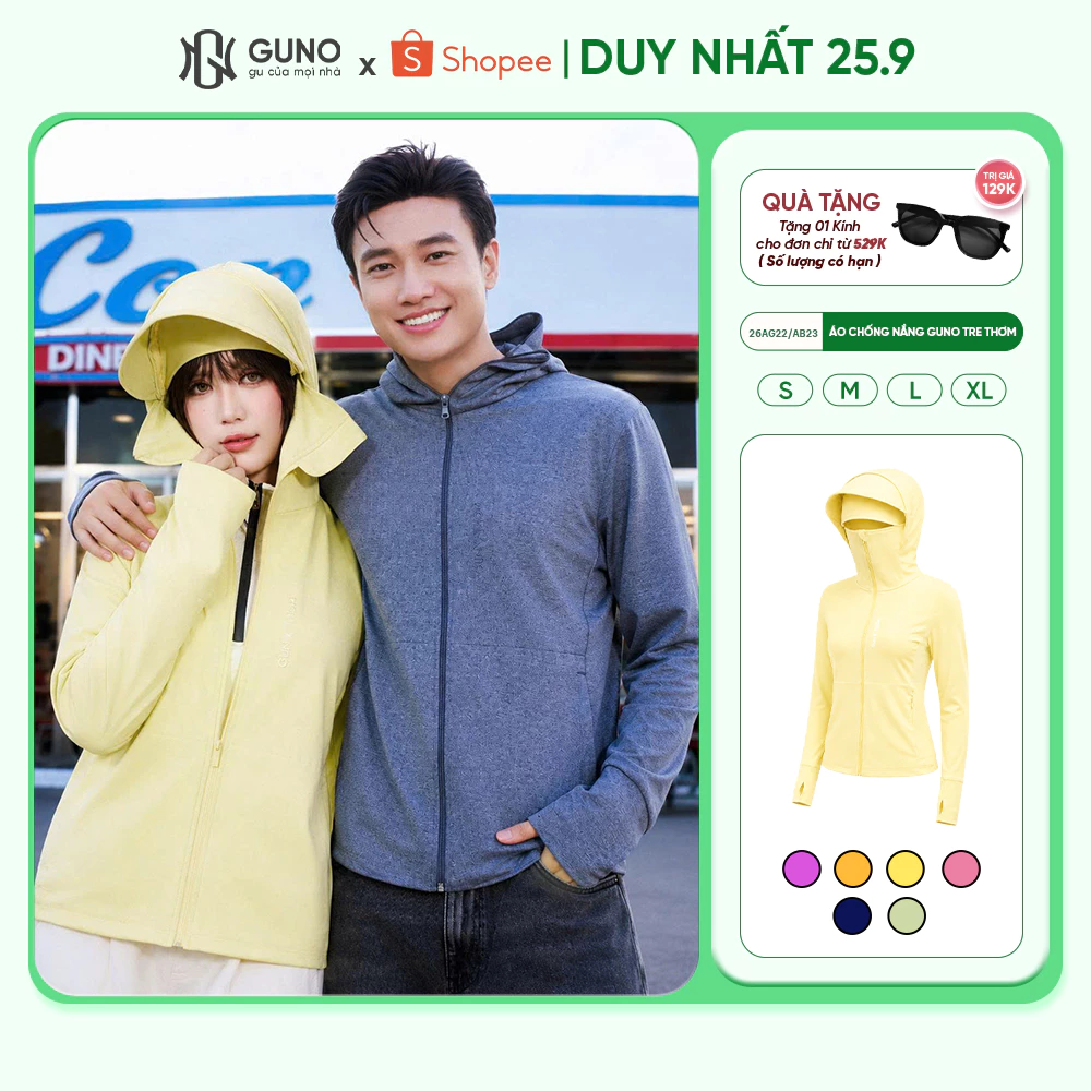 Áo Chống Nắng Tre Thơm GUNO Nam Nữ 2 Lớp Chống Tia UV Thoáng Khí Mũ Rộng Vành Che Trán 26AG22/AB23