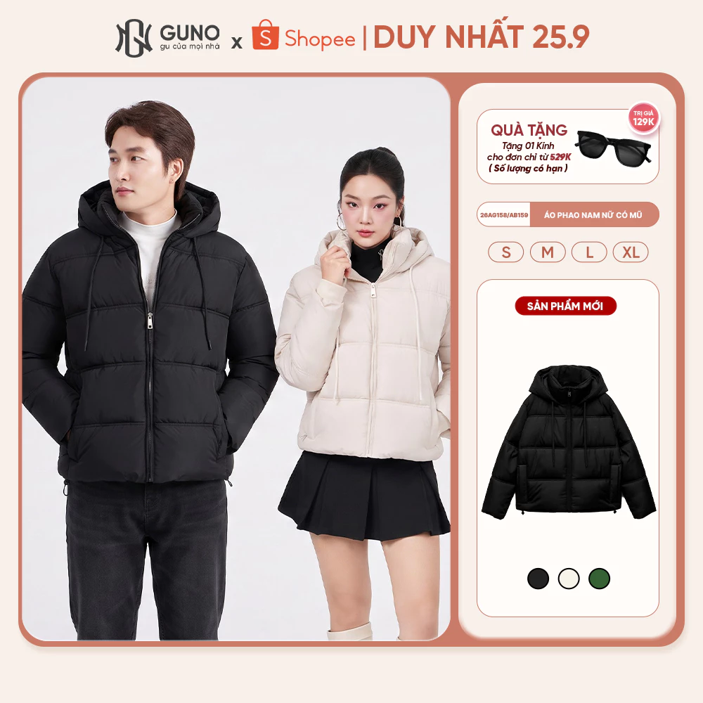 Áo Phao Béo Siêu Nhẹ Nam Nữ GUNO Chần Bông Cao Cấp Có Mũ Túi Lót Nỉ Giữ Ấm Mùa Đông 26AG158/AB159