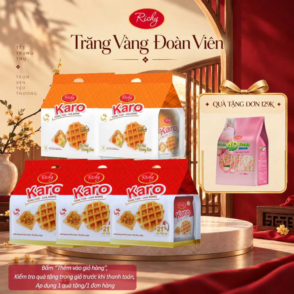 [HOẢ TỐC HN] [Tặng Kẹo 4DCombo 5 Bánh Tươi Karo Richy 2 Vị Sợi Gà Truyền Thống & Hoàng Kim Phô Mai-HSD 45 Ngày