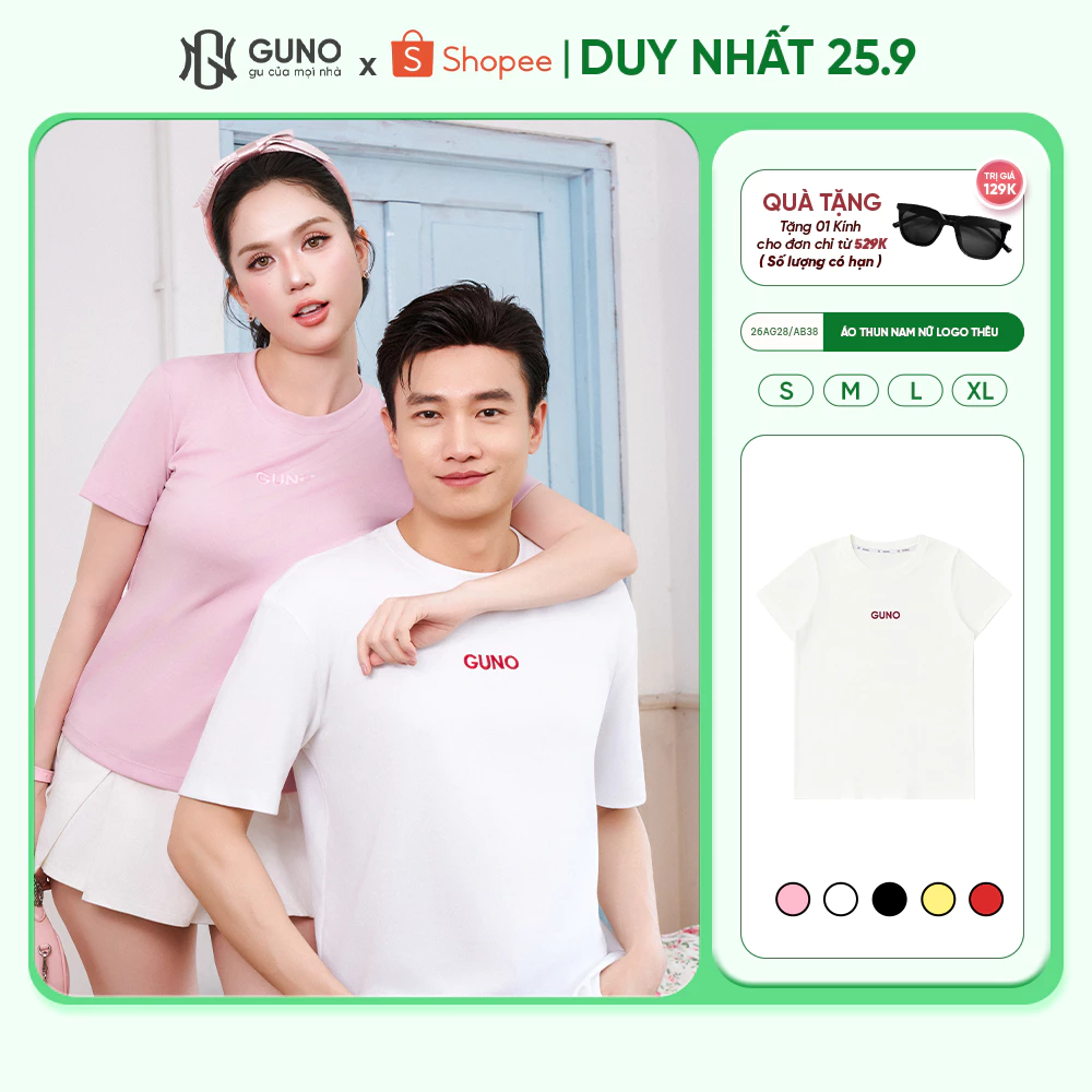 Áo thun nữ GUNO áo phông vải cotton mát cao cấp logo thêu phom vừa năng động dễ phối 26AG28/AB38