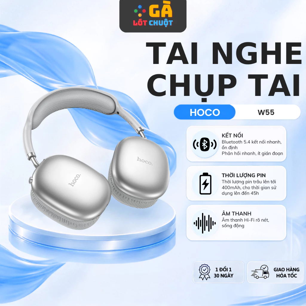 Tai nghe chụp tai Bluetooth V5.4 Hoco W55 phiên bản 90h có mic đàm thoại hỗ trợ khe cắm thẻ nhớ,cổng AUX, nghe nhạc
