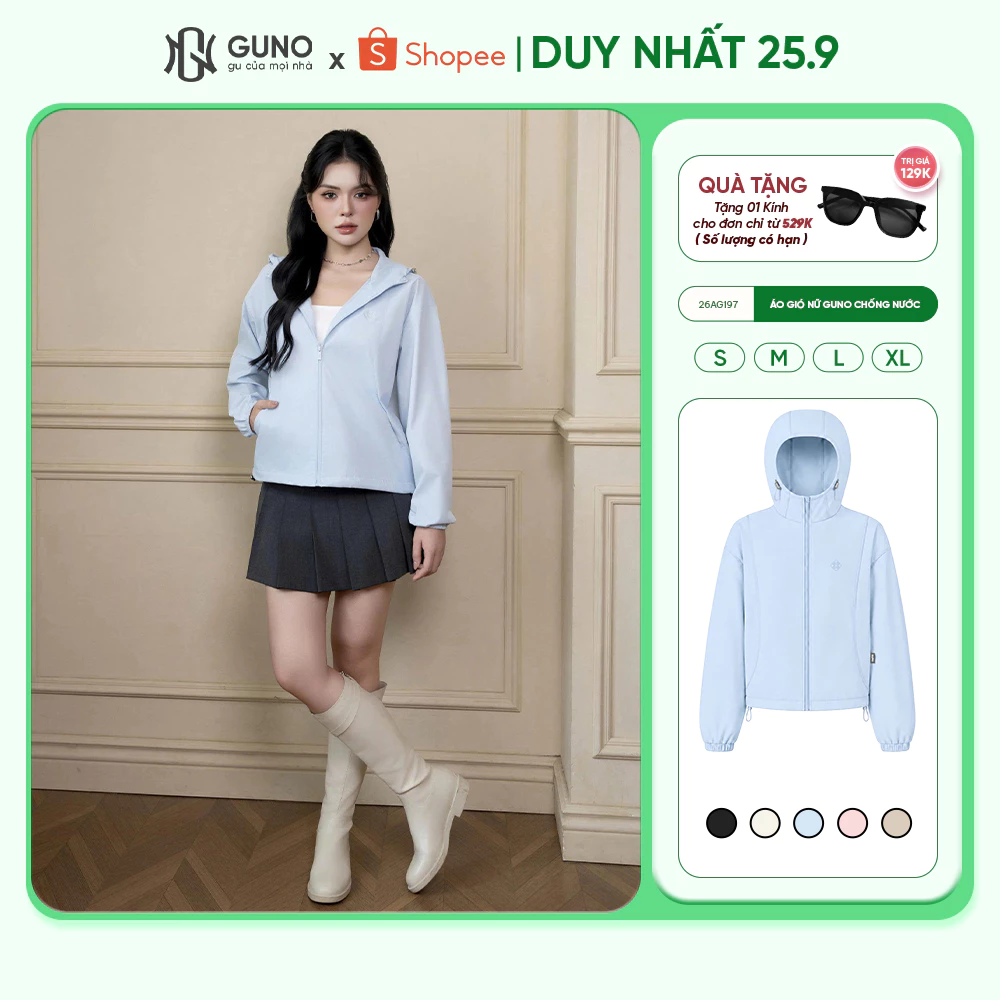 Áo Khoác Gió Nữ GUNO Siêu Nhẹ 1 Lớp Có Mũ Chống Nước Chống Gió Thoáng Khí Thời Trang 26AG197