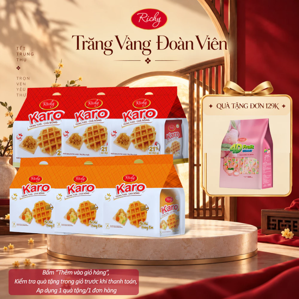 [HỎA TỐC HN] [Tặng Kẹo 4D] Combo 6 Bánh Tươi Karo Richy 2 Vị Sợi Gà Truyền Thống & Hoàng Kim - HSD 45 Ngày