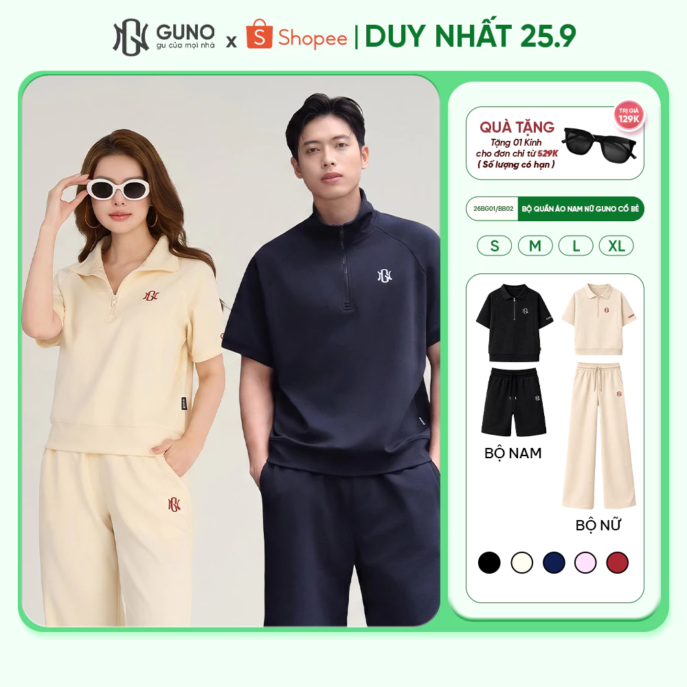 [BST Modal Cool 2026] Bộ Quần Áo Nam Nữ GUNO Cao Cấp Cổ Bẻ Kèm Quần Suông Logo Thêu 26BG01/26BB02