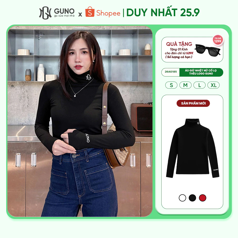 Áo giữ nhiệt nữ ôm body GUNO dài tay cổ lọ thêu logo lót lông thỏ siêu ấm mùa thu đông 26AG185