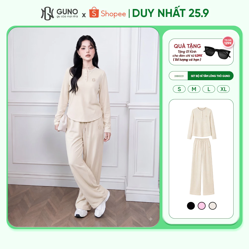 Set bộ nỉ tăm lông thỏ GUNO cao cấp cổ tròn phối cúc thời trang logo thêu thanh lịch 26BG221