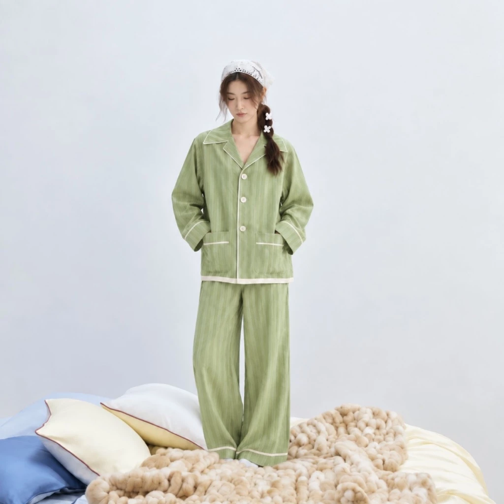 [ Fit to sleep ] Bộ Pijama Nữ Sage – Sọc Dọc Xanh Matcha, Dài Tay Quần Dài Form Oversize.