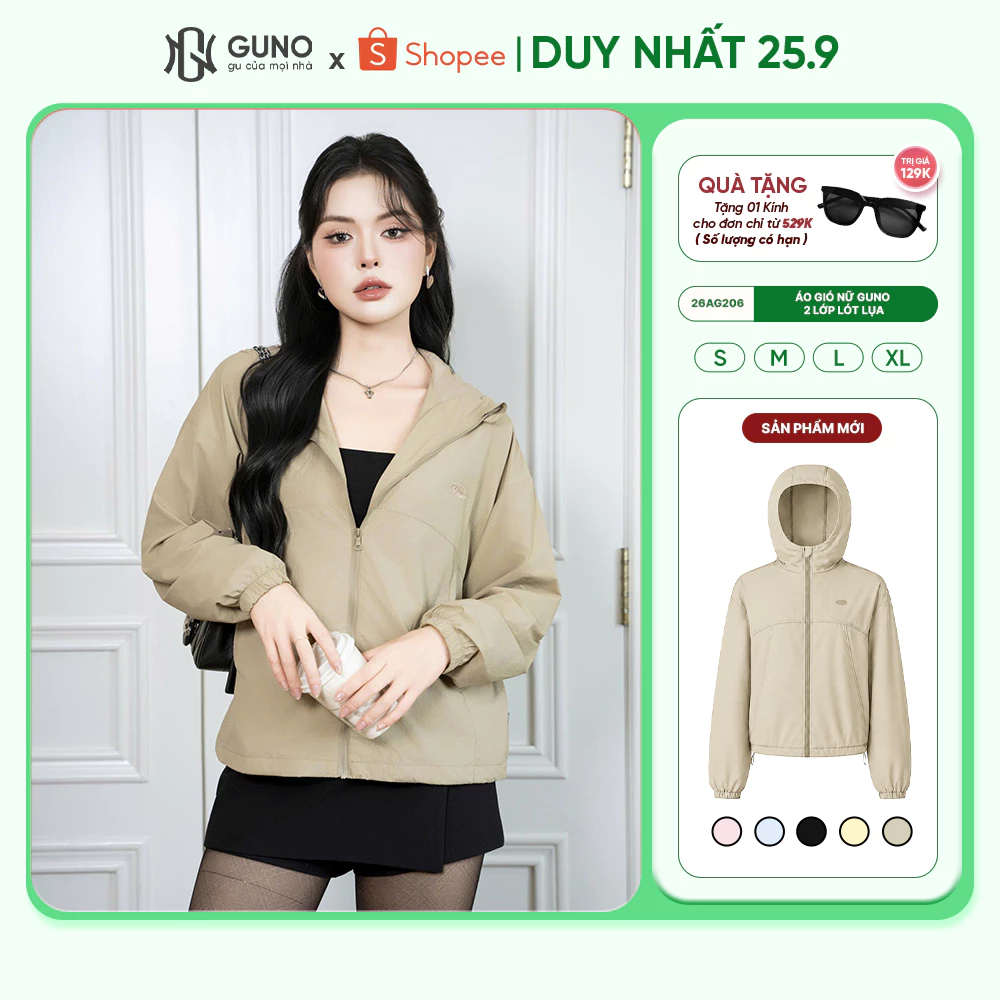 Áo Khoác Gió Thu Đông Nữ GUNO 2 Lớp Lót Lụa Dày Dặn Giữ Ấm Có Mũ Trùm Đầu Cao Cấp 26AG206