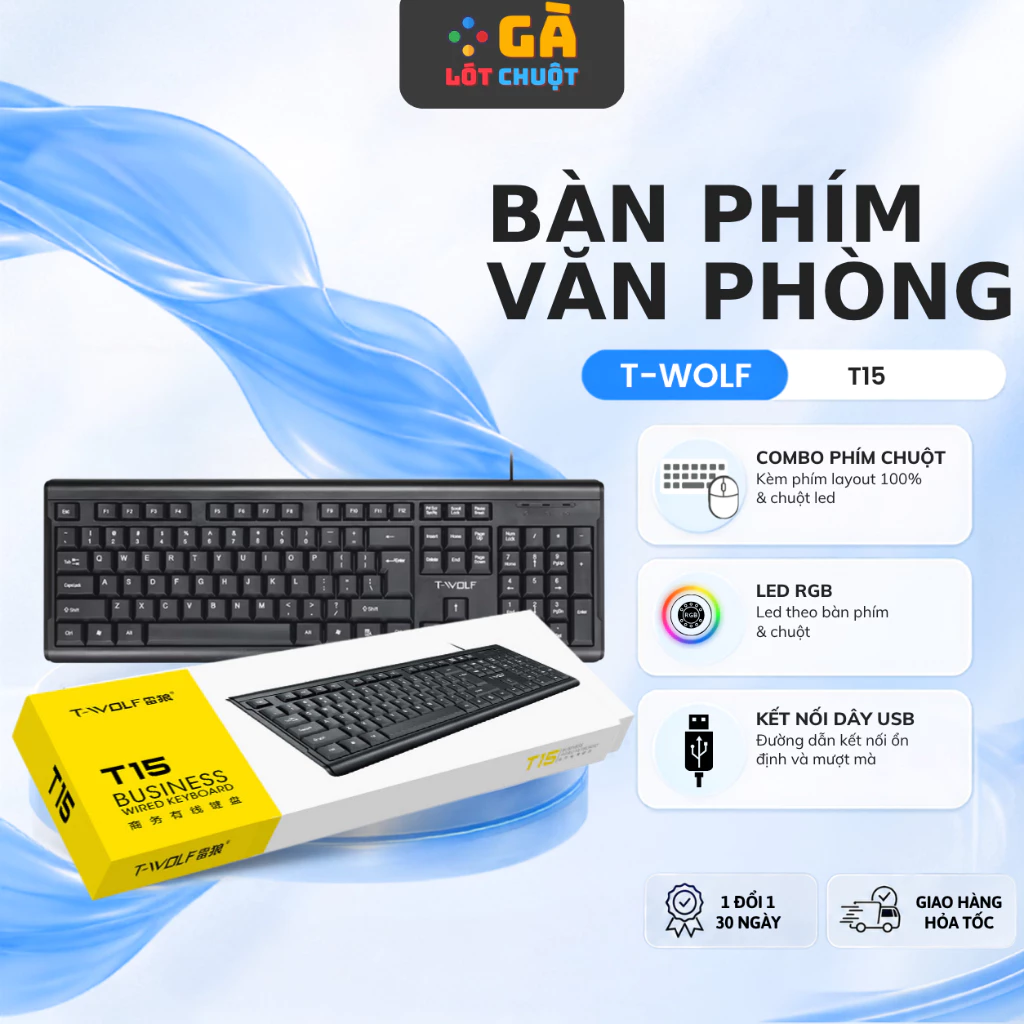 Bàn phím giả cơ T-WOLF  - Office Keyboard - Bàn phím có dây, đèn LED Rainbow, chơi game và văn phòng