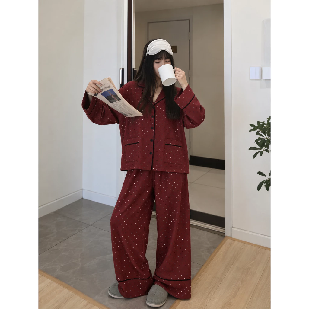 [ Fit to sleep ] Bộ Pijama Nữ Ruby – Chấm Bi Đỏ Burgundy, Dài Tay Quần Dài Form Oversize.
