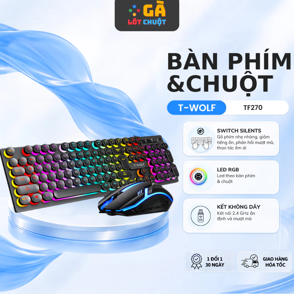 Bàn phím giả cơ kèm chuột gaming T-WOLF 270, bàn phím máy tính và có đèn LED - GÀ LÓT CHUỘT