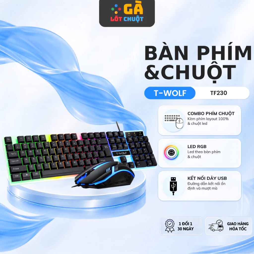 Bàn phím giả cơ kèm chuột gaming T-WOLF, bàn phím máy tính có đèn led đổi màu - GÀ LÓT CHUỘT