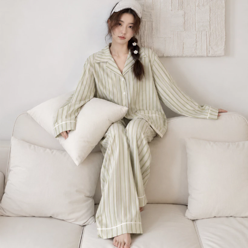 [ Fit to sleep ] Bộ Pijama Nữ Willow – Sọc Xanh Sage, Dài Tay Quần Dài Form Oversize Phong Cách Hàn Quốc.