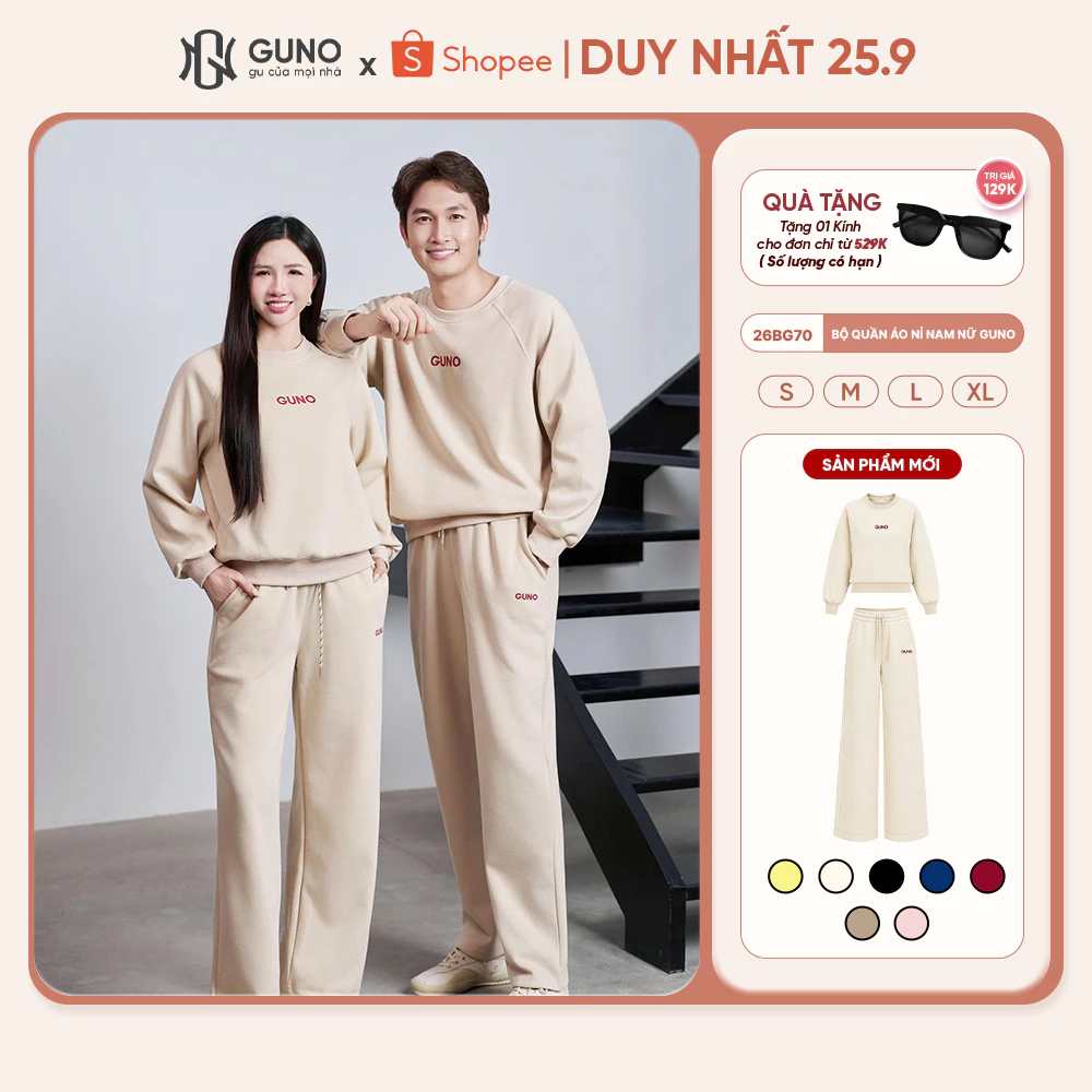 Bộ Quần Áo Nỉ Nam Nữ GUNO Cổ Tròn Logo Thêu Kèm Quần Suông Bộ Thu Đông Cao Cấp 26BG70/26BB71