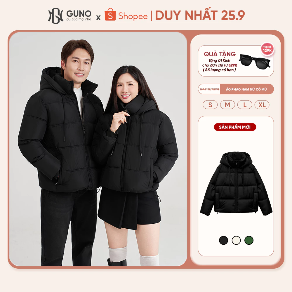Áo Phao Béo Siêu Nhẹ Nam Nữ GUNO Chần Bông Cao Cấp Có Mũ Giữ Ấm Mùa Đông 26AG158/AB159