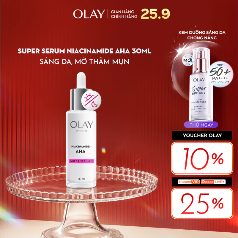 Super Serum OLAY LUMINOUS NIACINAMIDE AHA Dưỡng Sáng Da, Mờ Thâm Mụn 30ML