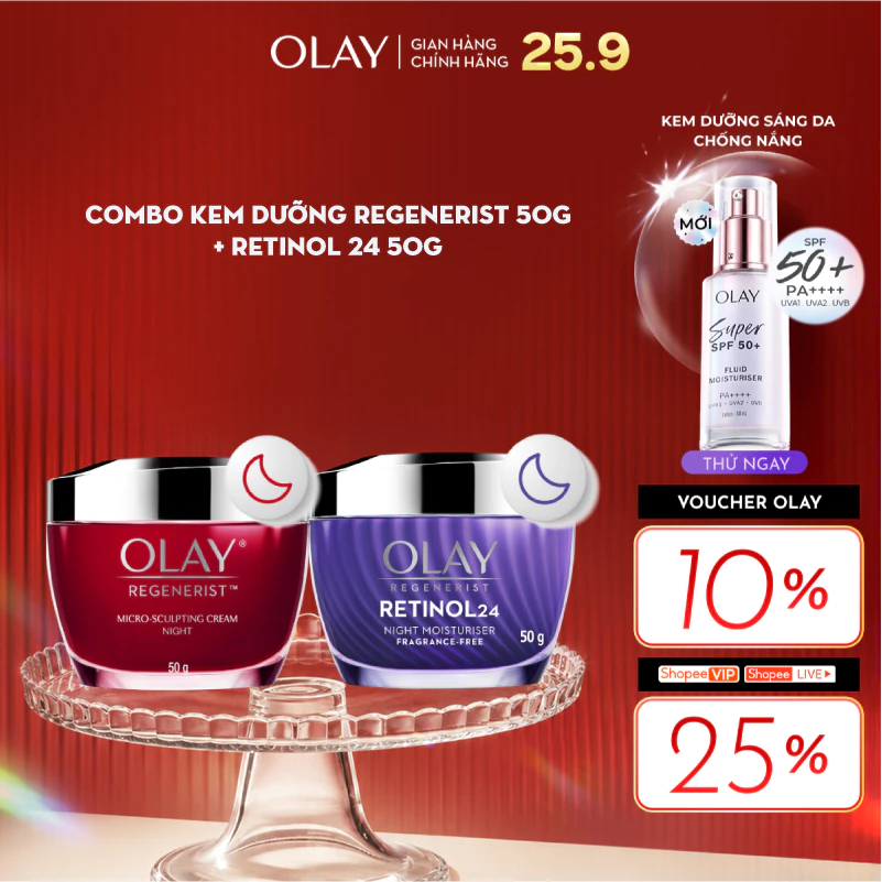 Combo 2: Kem Dưỡng Ẩm Ban Đêm: OLAY REGENERIST 50G & OLAY RETINOL24 50G