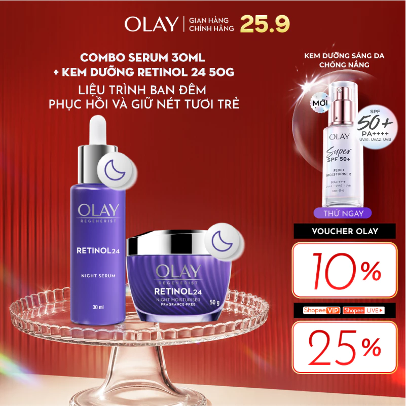 Combo 2: Kem Dưỡng Ẩm Ban Đêm + Serum OLAY RETINOL24 Giúp Mờ Nếp Nhăn 50G + 30ML