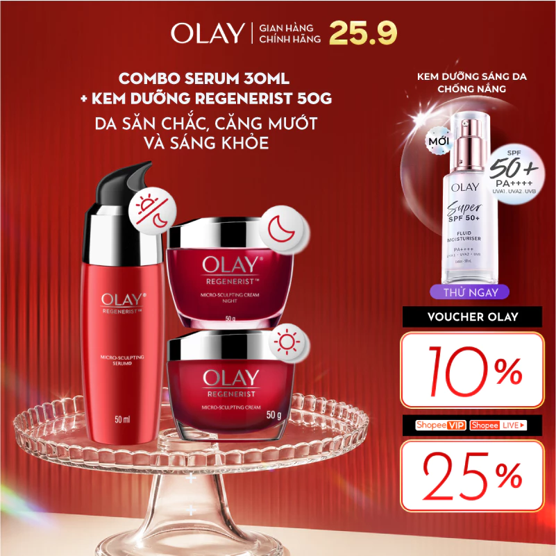 Combo 3: Kem Dưỡng Ẩm OLAY REGENERIST Ngày & Đêm + Serum Căng Mướt, Sáng Khỏe & Phục Hồi Dấu Hiệu Lão Hóa (50GX2 + 50ML)