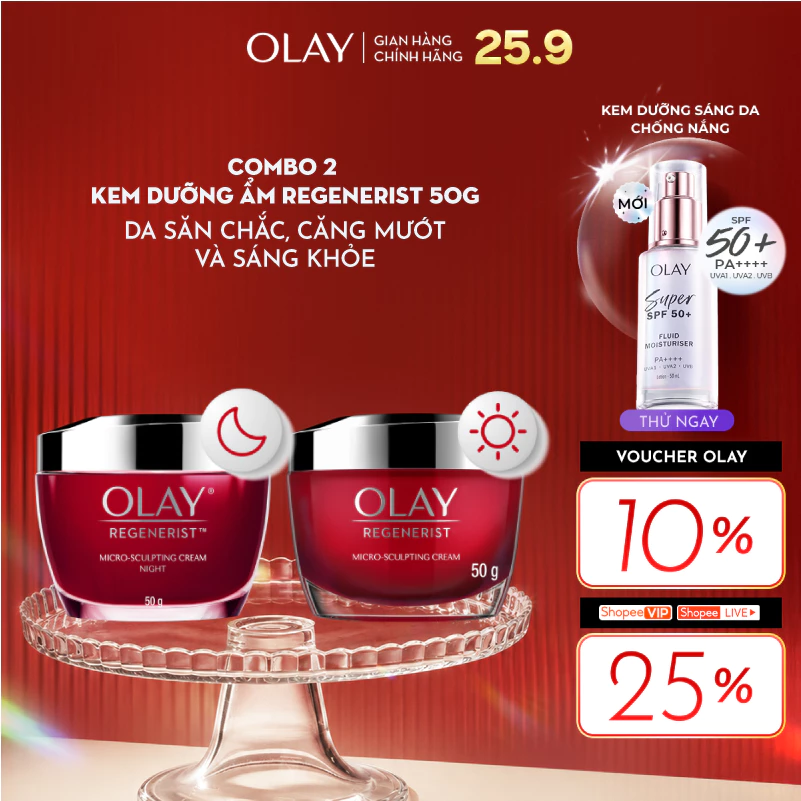 Bộ Kem Dưỡng Ẩm OLAY REGENERIST Ngày & Đêm Căng Mướt, Sáng Khỏe & Phục Hồi Dấu Hiệu Lão Hóa 50GX2